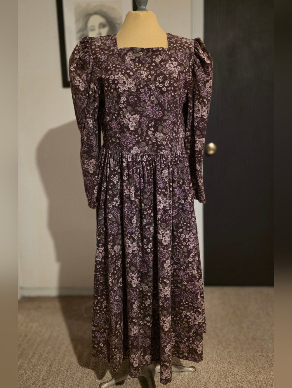 Vintage Laura Ashley Plum Floral Long-Sleeve Midi Dress - Made In UK